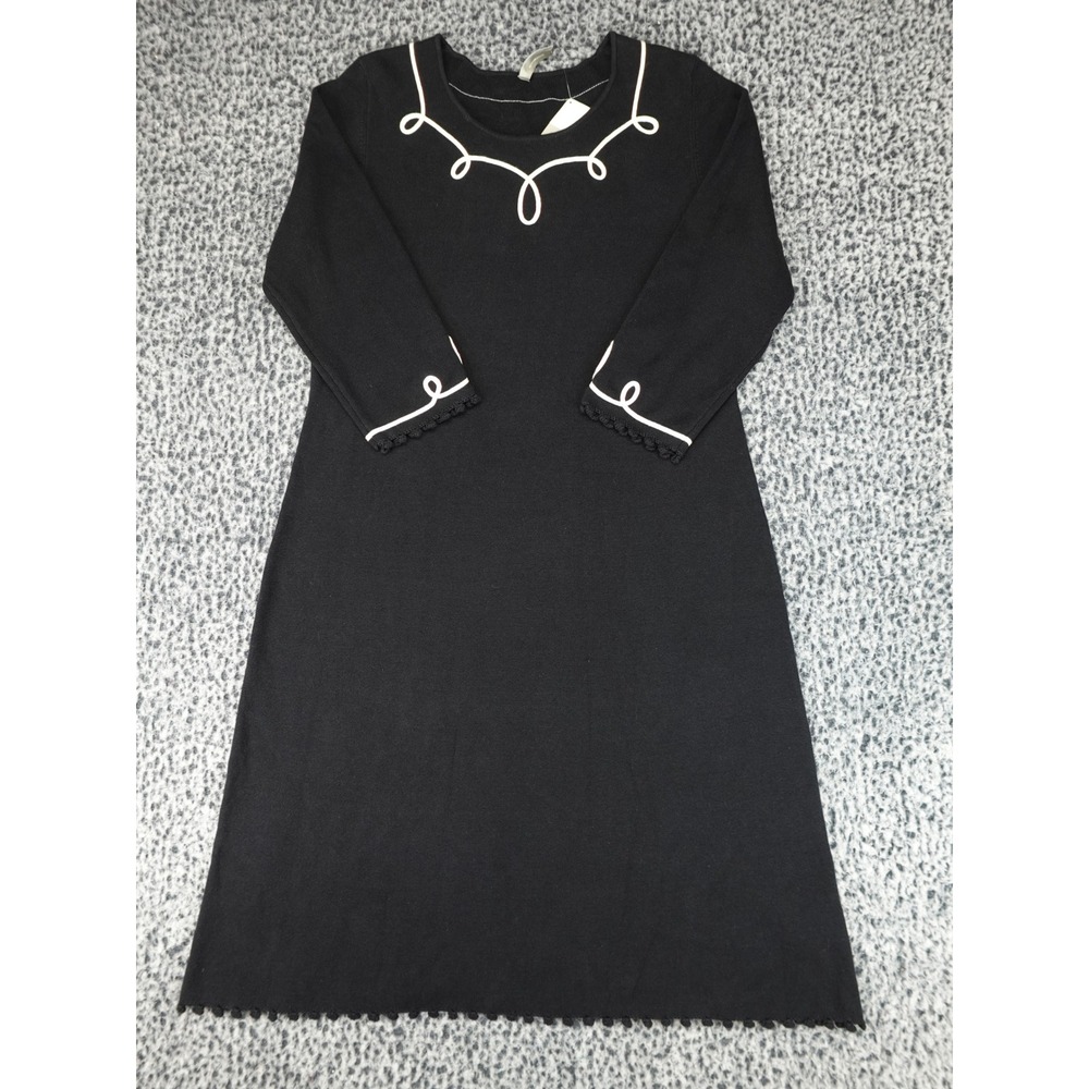 Hanna Andersson Sweater‎ Dress Womens L Black NEW Embroidered Pom Trim 11282